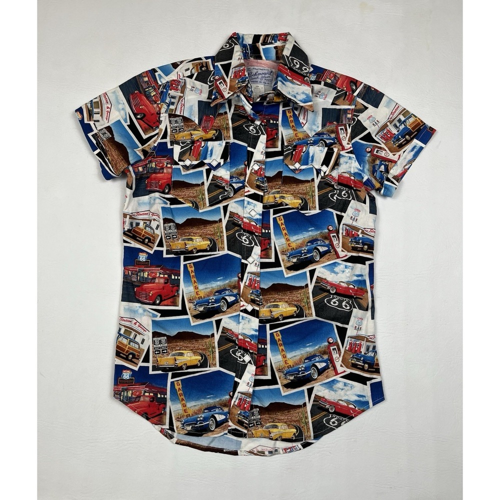 Rockmount Ranch Wear Route 66 Classic Cars Shirt Mens Small Pearl Snap Western